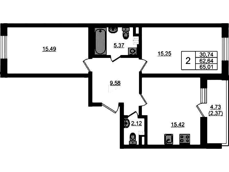 2-комнатная квартира 65.01 м², 3/4 эт., ЖК «Новая история»
